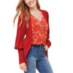 Cabi Moulin Rouge Cabaret Red Chic Ribbed Balloon Sleeve Cardigan L